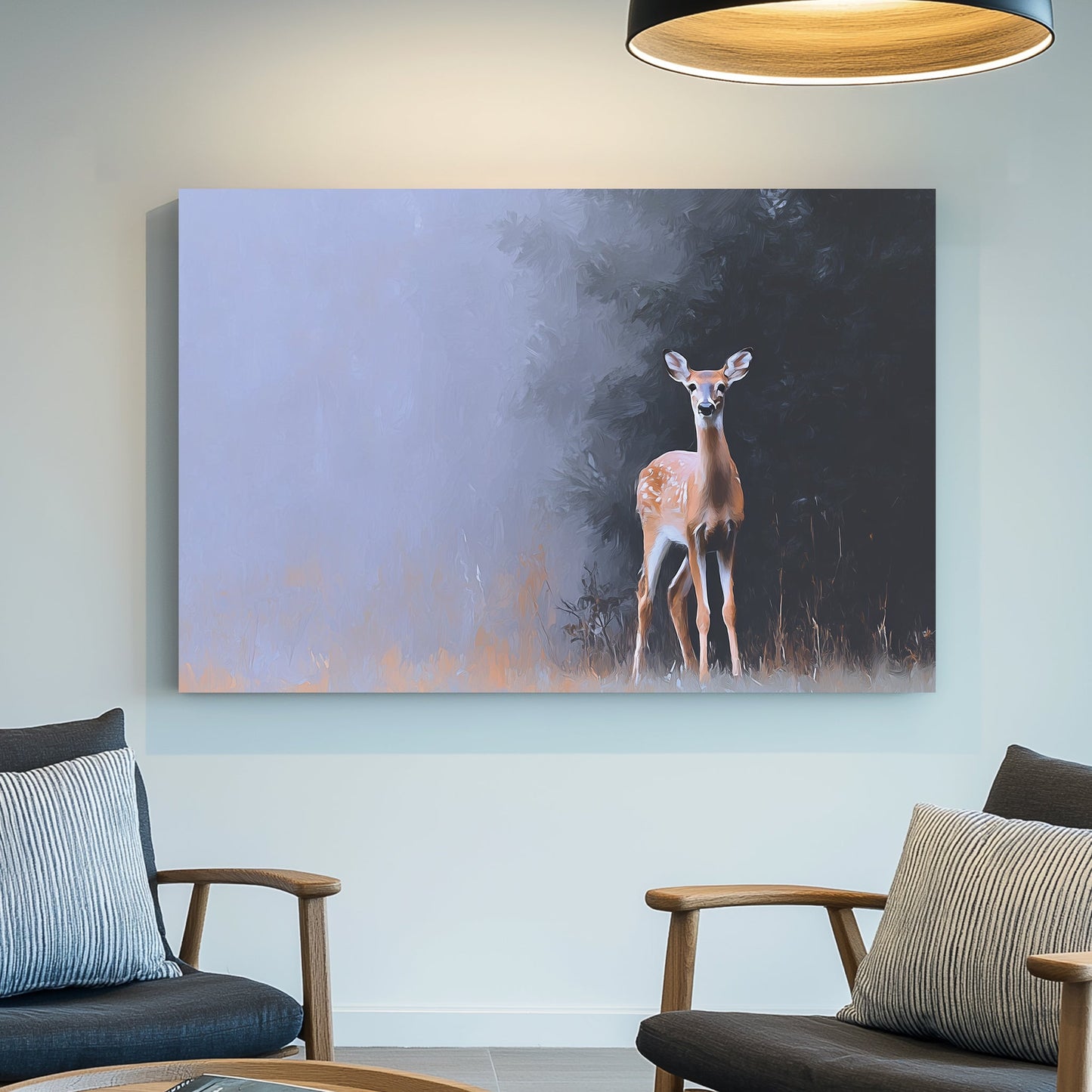 Deer standing at the forest edge in soft morning mist with a painted, impressionist style