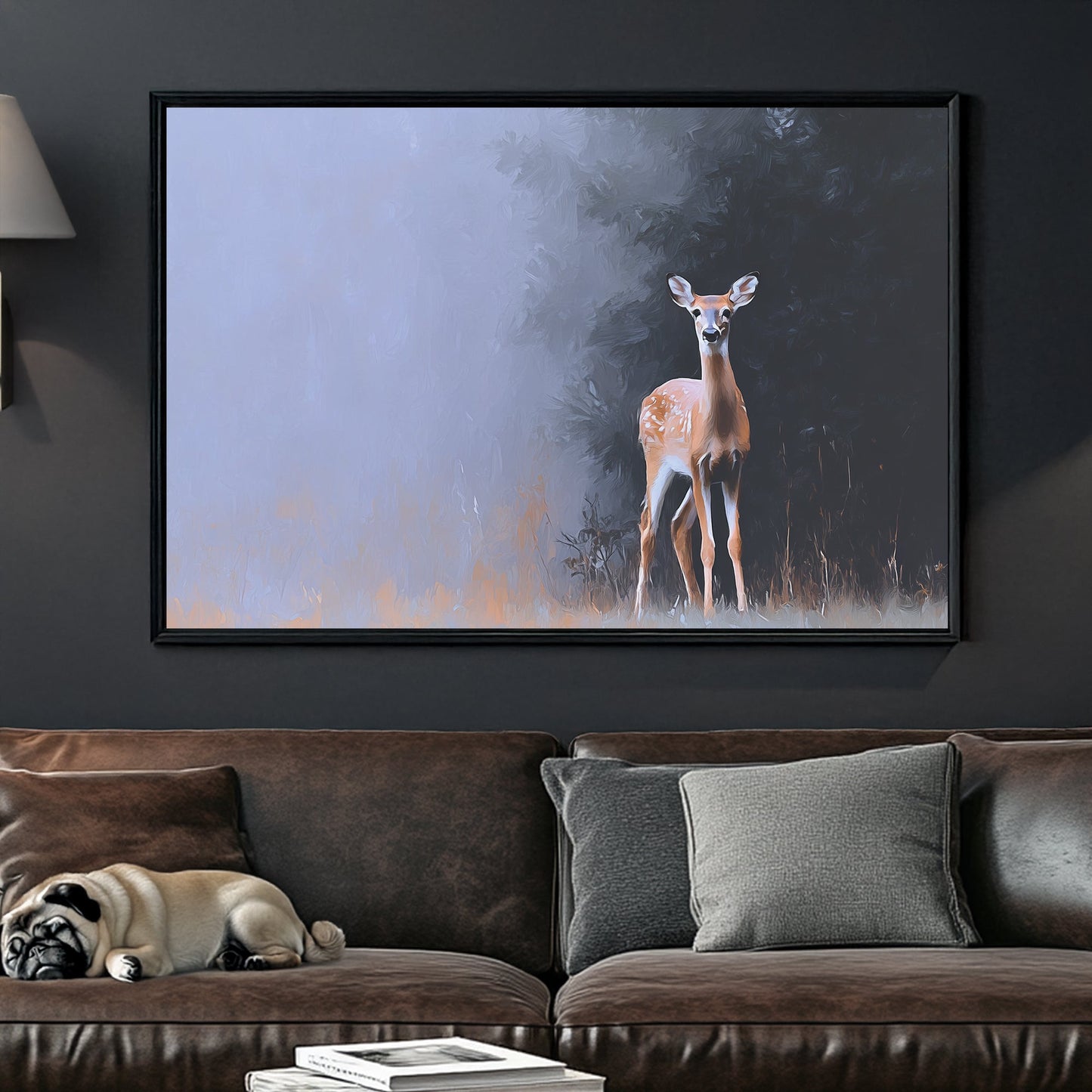 Deer standing at the forest edge in soft morning mist with a painted, impressionist style