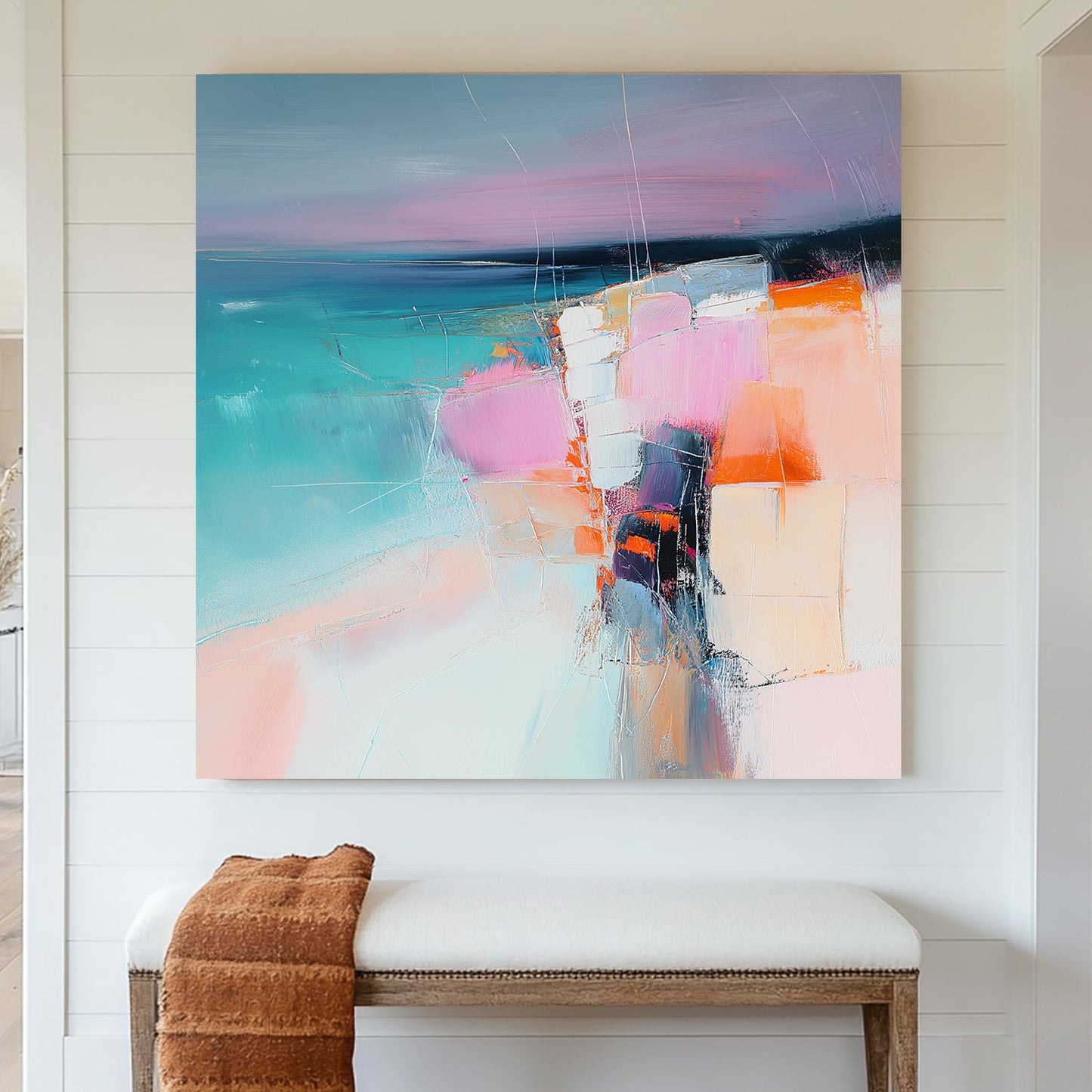 Abstract pastel coastal wall art with pink, aqua, and orange tones