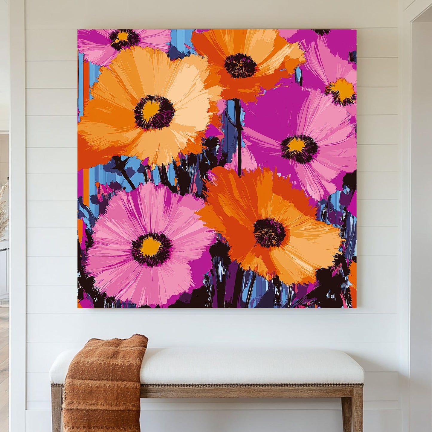 Vibrant neon flower wall art with bold orange and pink petals