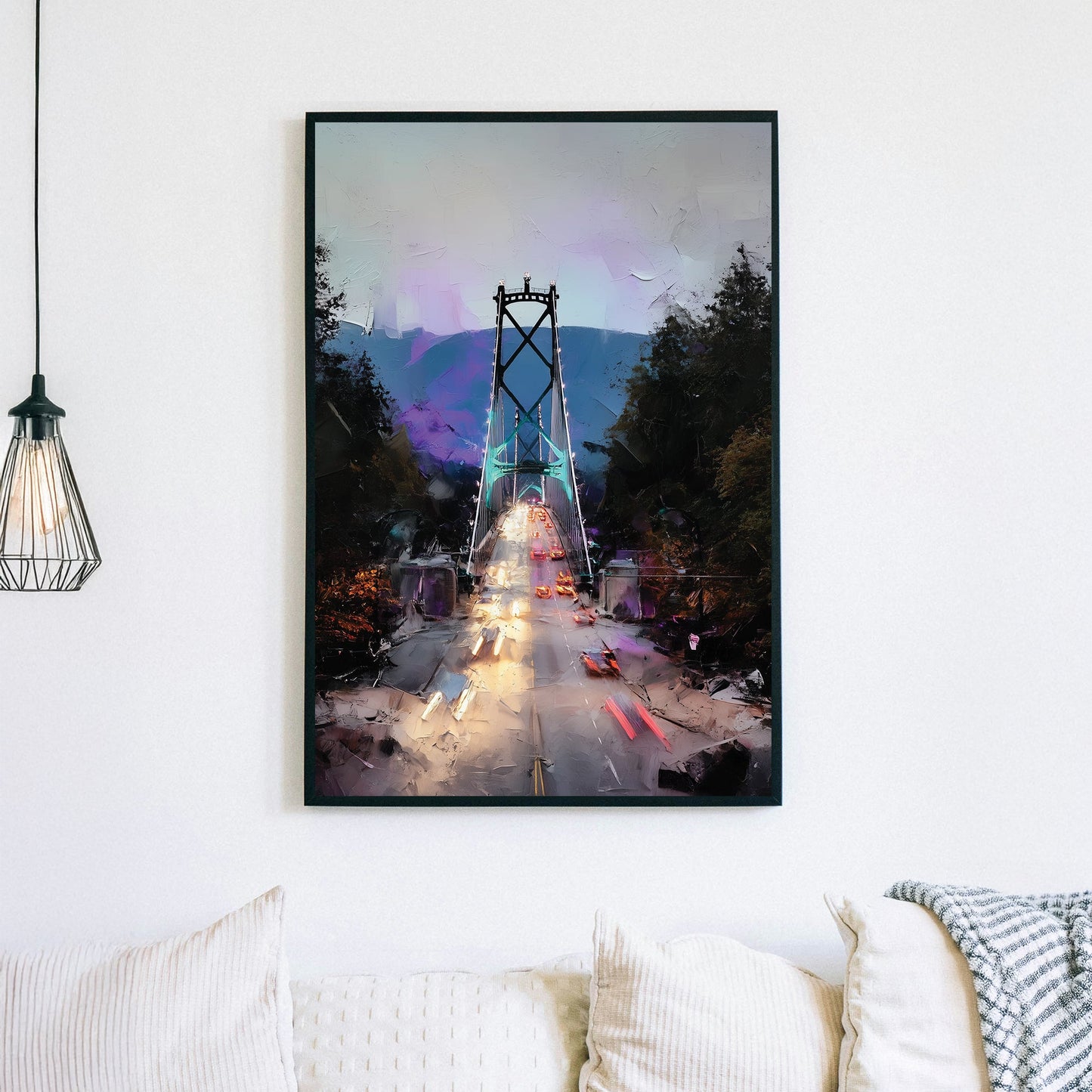 Vancouver Lions Gate Bridge wall art with glowing traffic lights and mountain backdrop