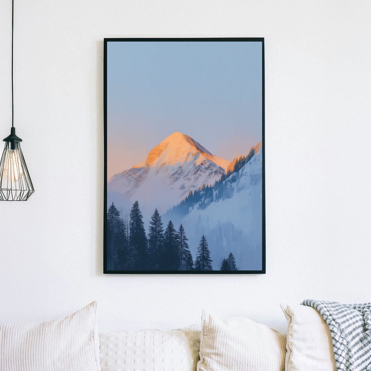 snow-covered mountain at sunrise wall art with pine trees