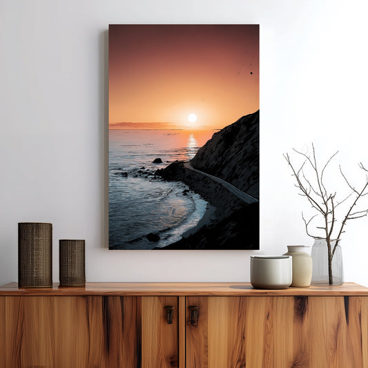 sunset coastal highway landscape wall art with cliff and ocean