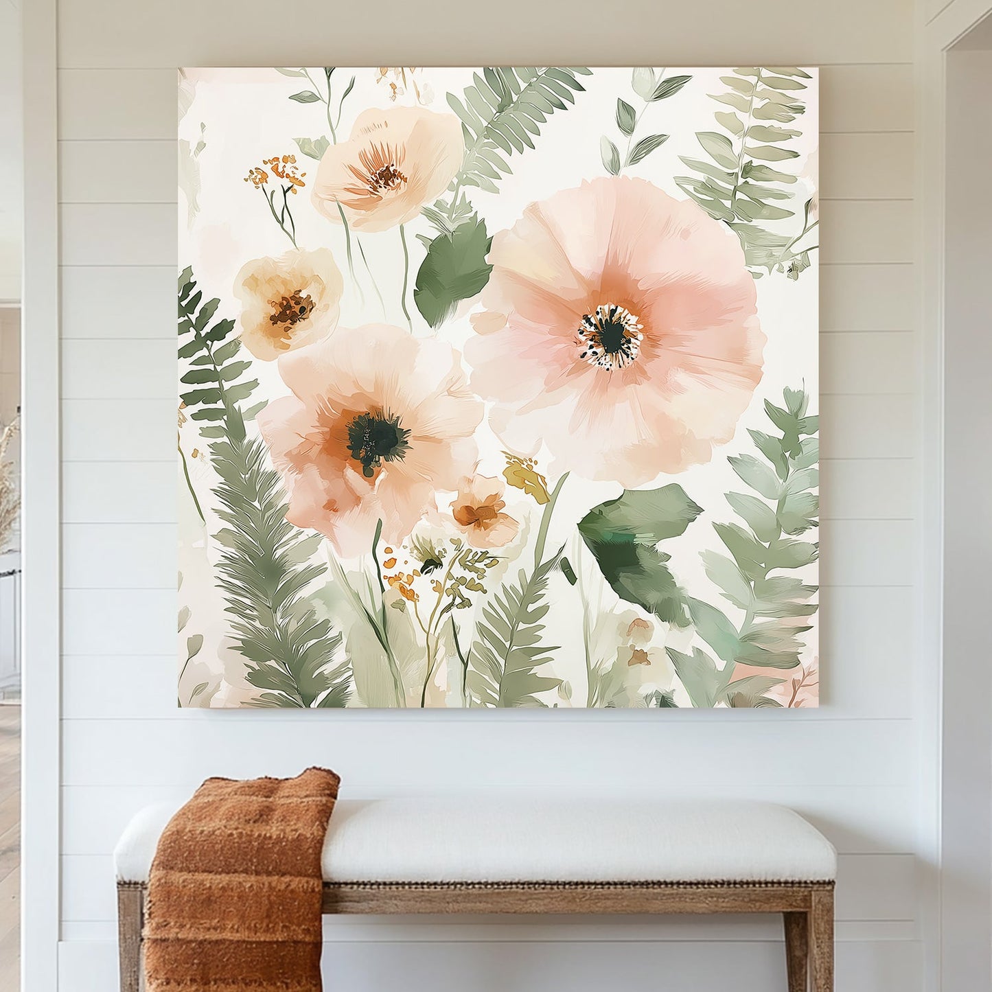 blush floral and leaf pattern wall art with soft green and peach tones