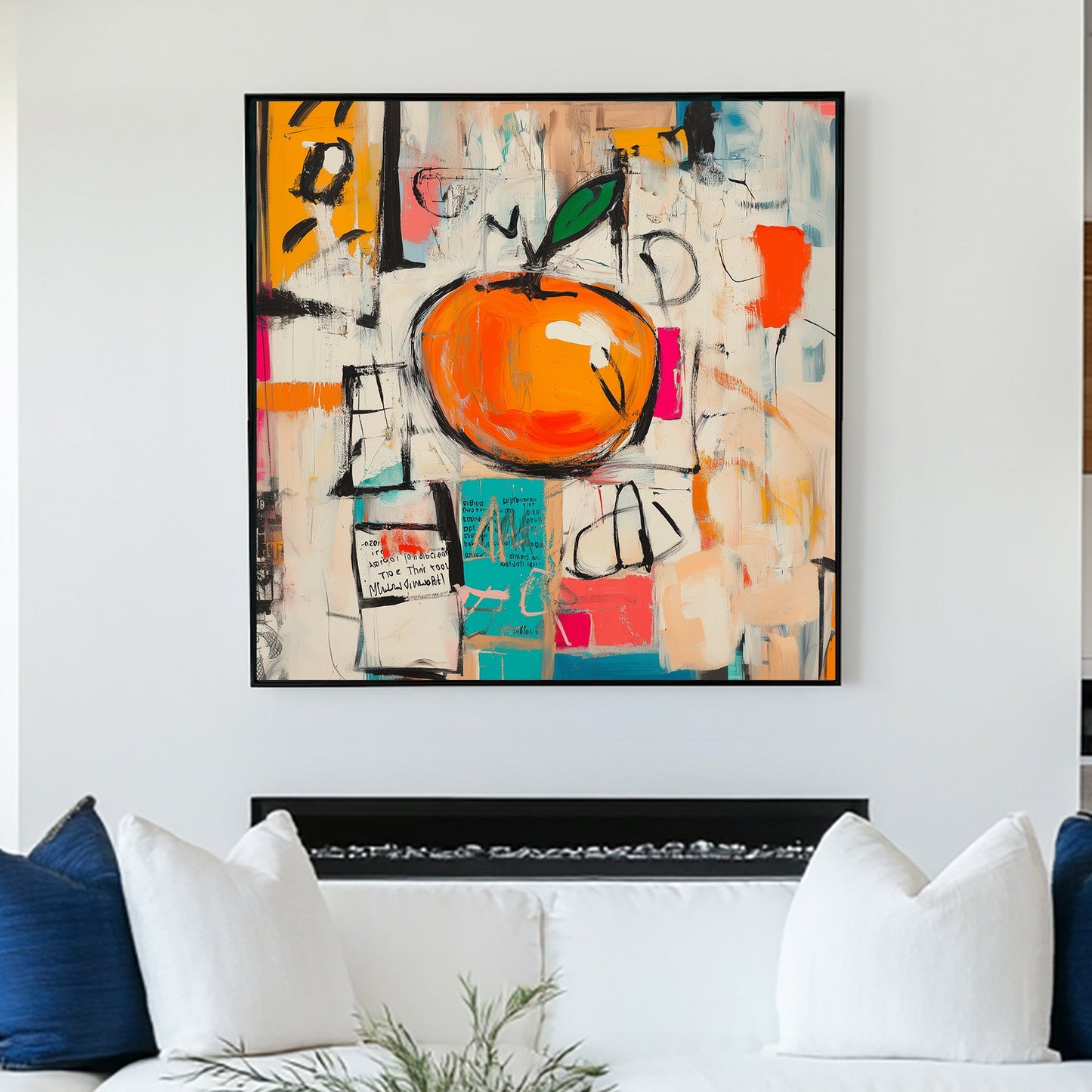 abstract pop art wall art featuring an orange with graffiti-style background