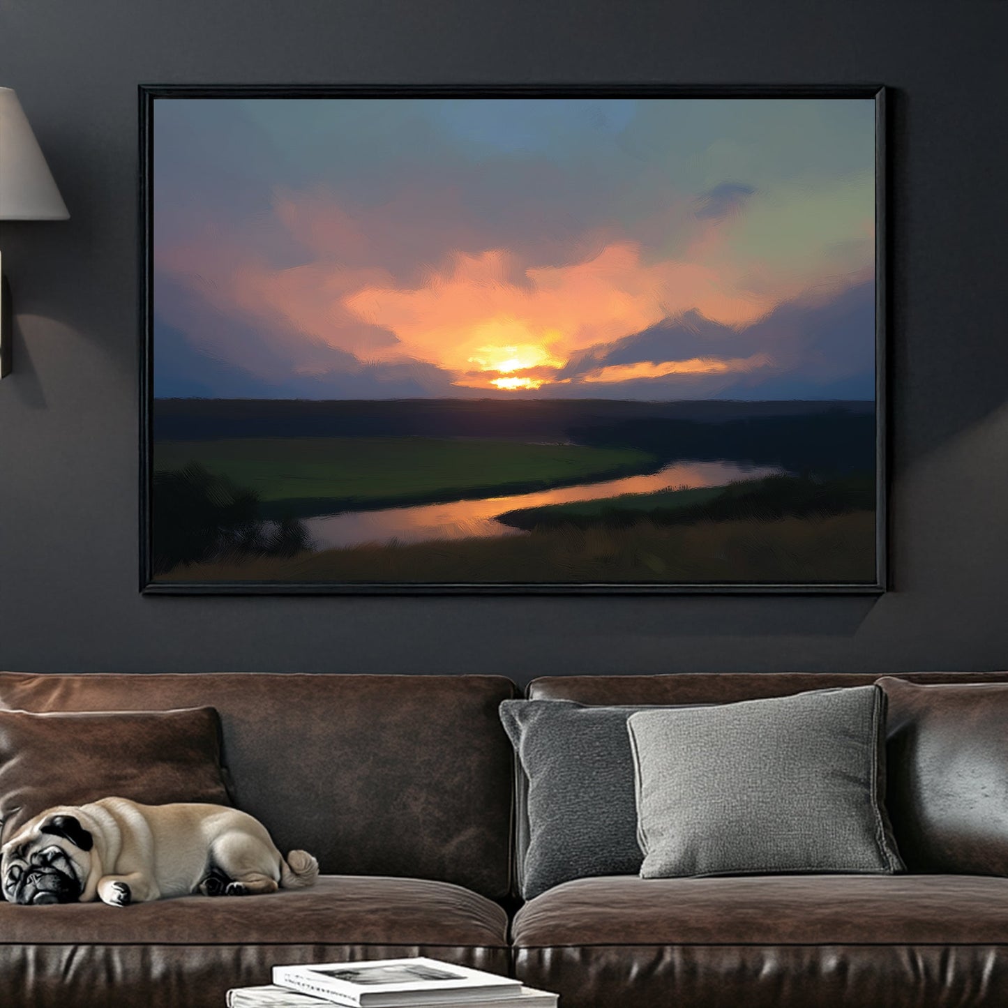 peaceful sunset landscape wall art with river and golden sky