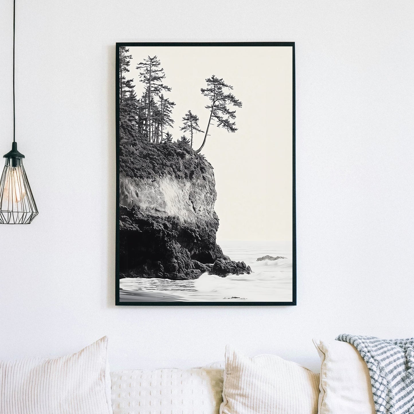 black and white coastal cliff with trees wall art