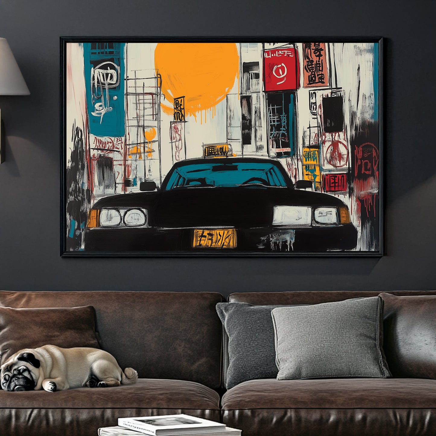 graffiti-style Tokyo taxi wall art with bright sun and neon signs