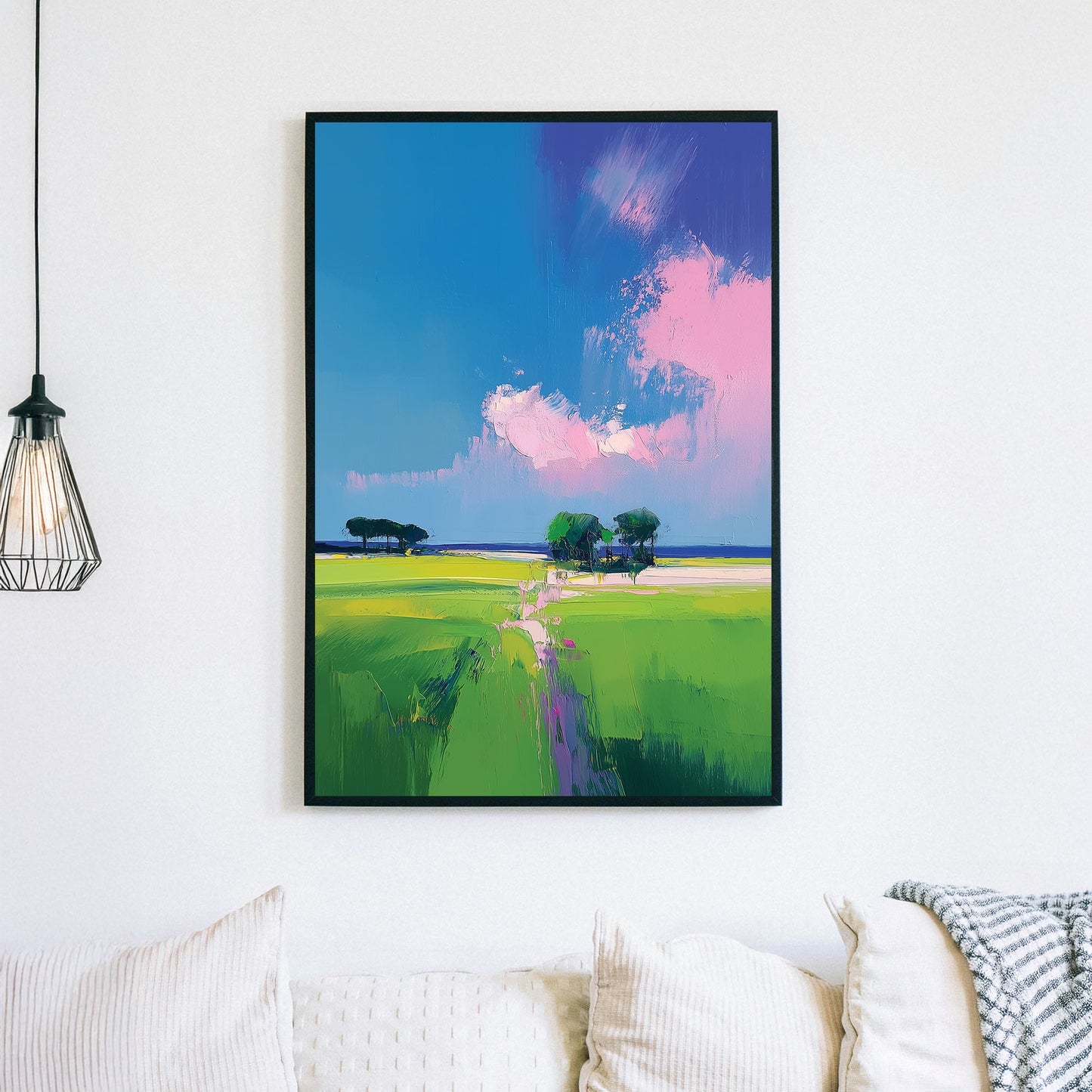 colourful landscape wall art with bright green fields and pink clouds