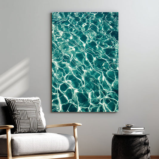 shimmering turquoise water wall art with sun reflections
