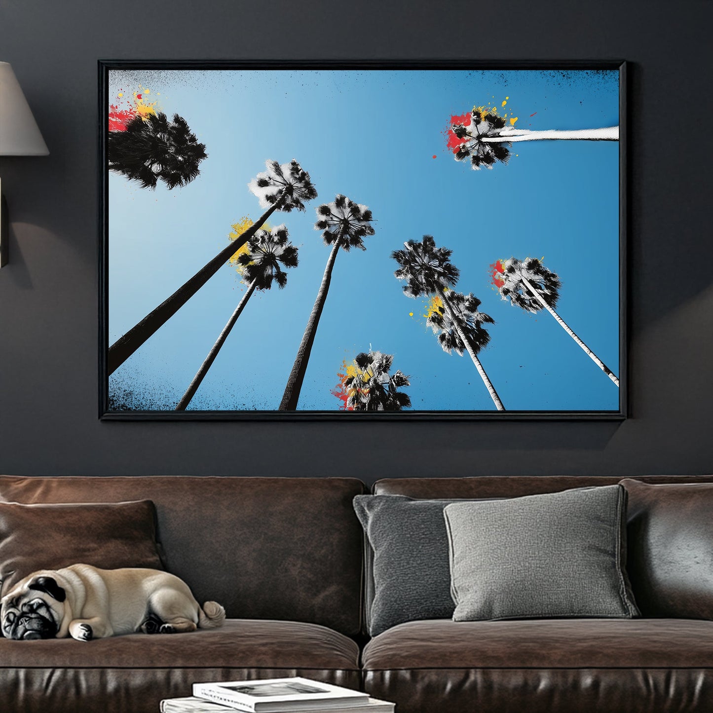 graffiti palm trees wall art with blue sky and paint splashes