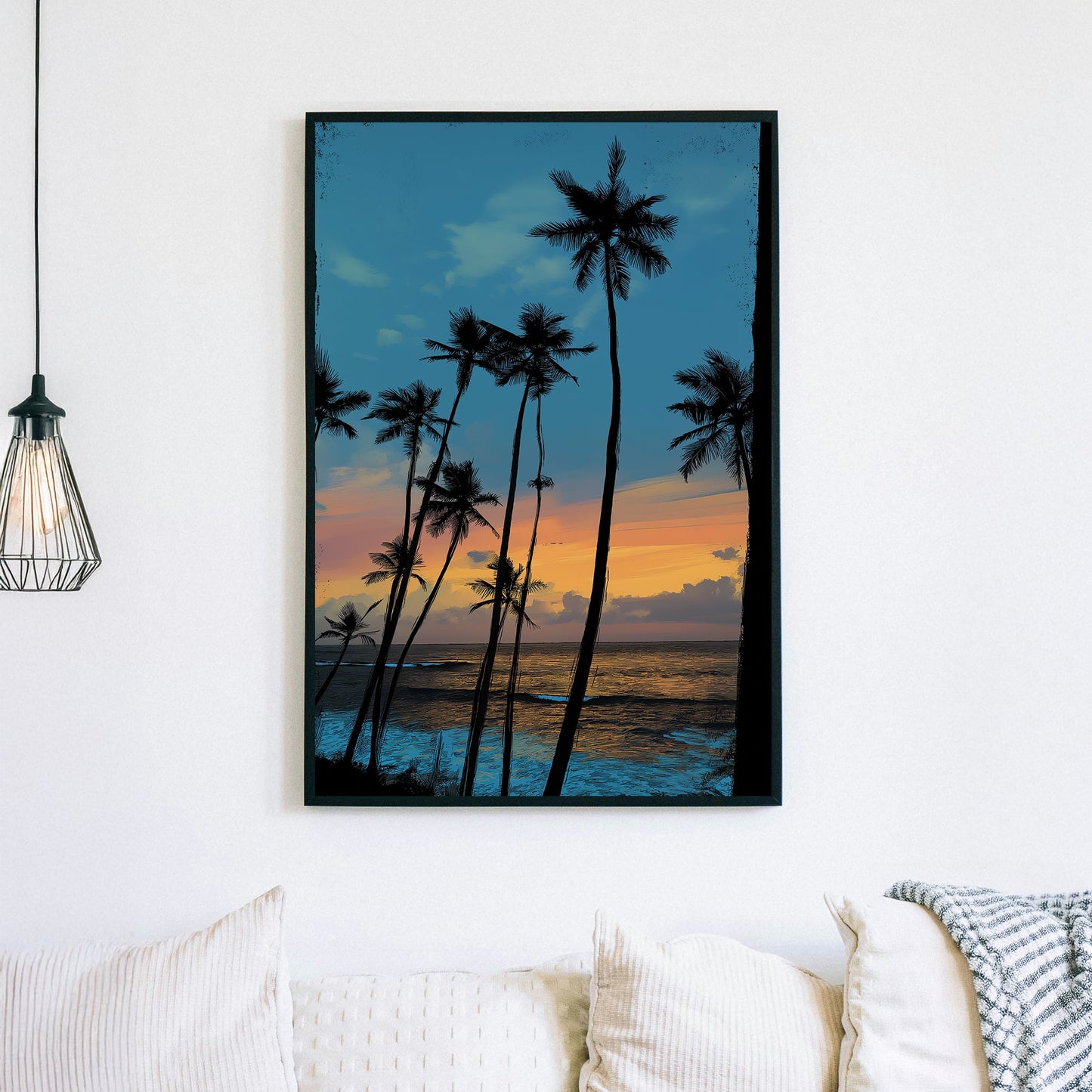 sunset palm tree wall art with ocean view and vibrant sk
