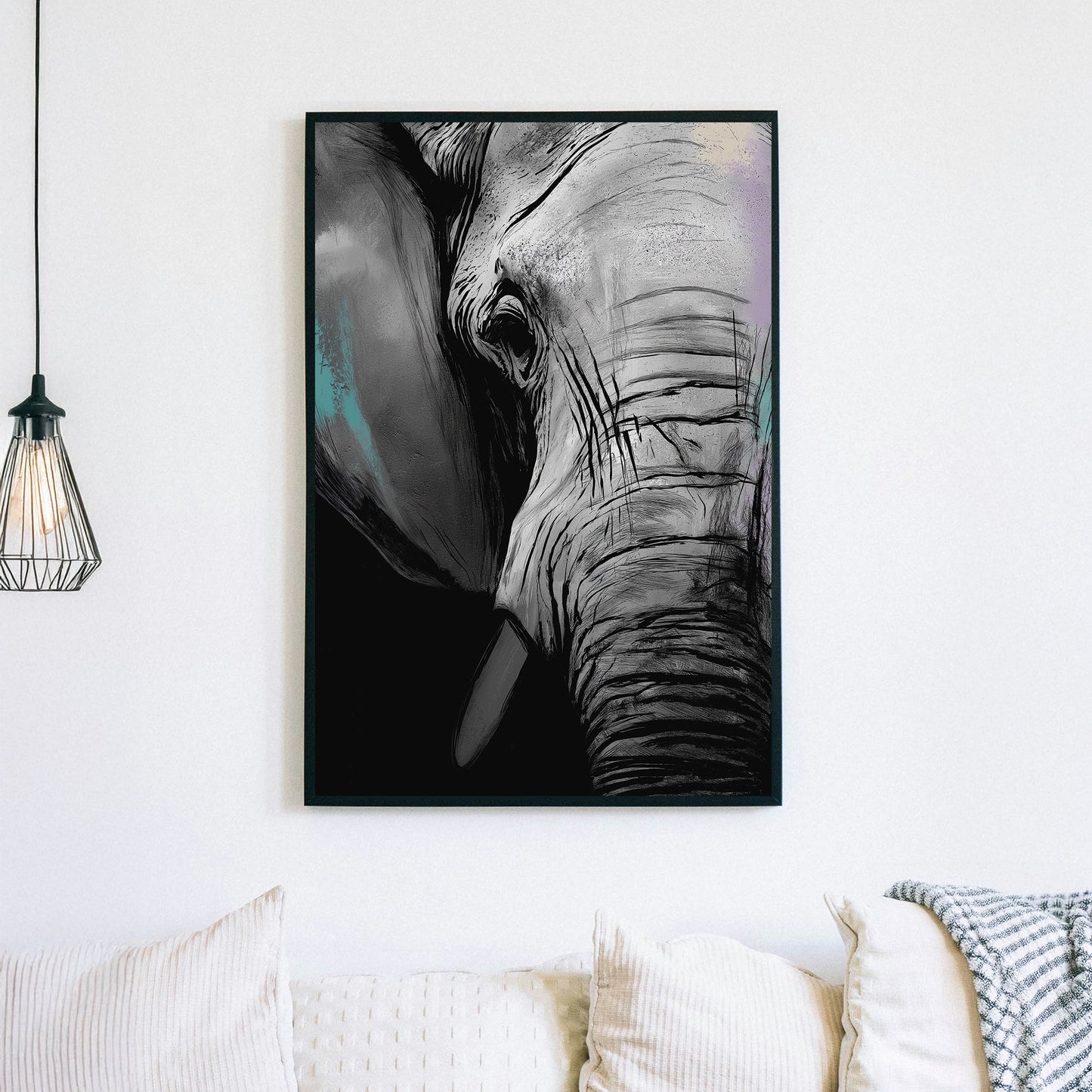 elephant close-up wall art with textured monochrome style and bold lines