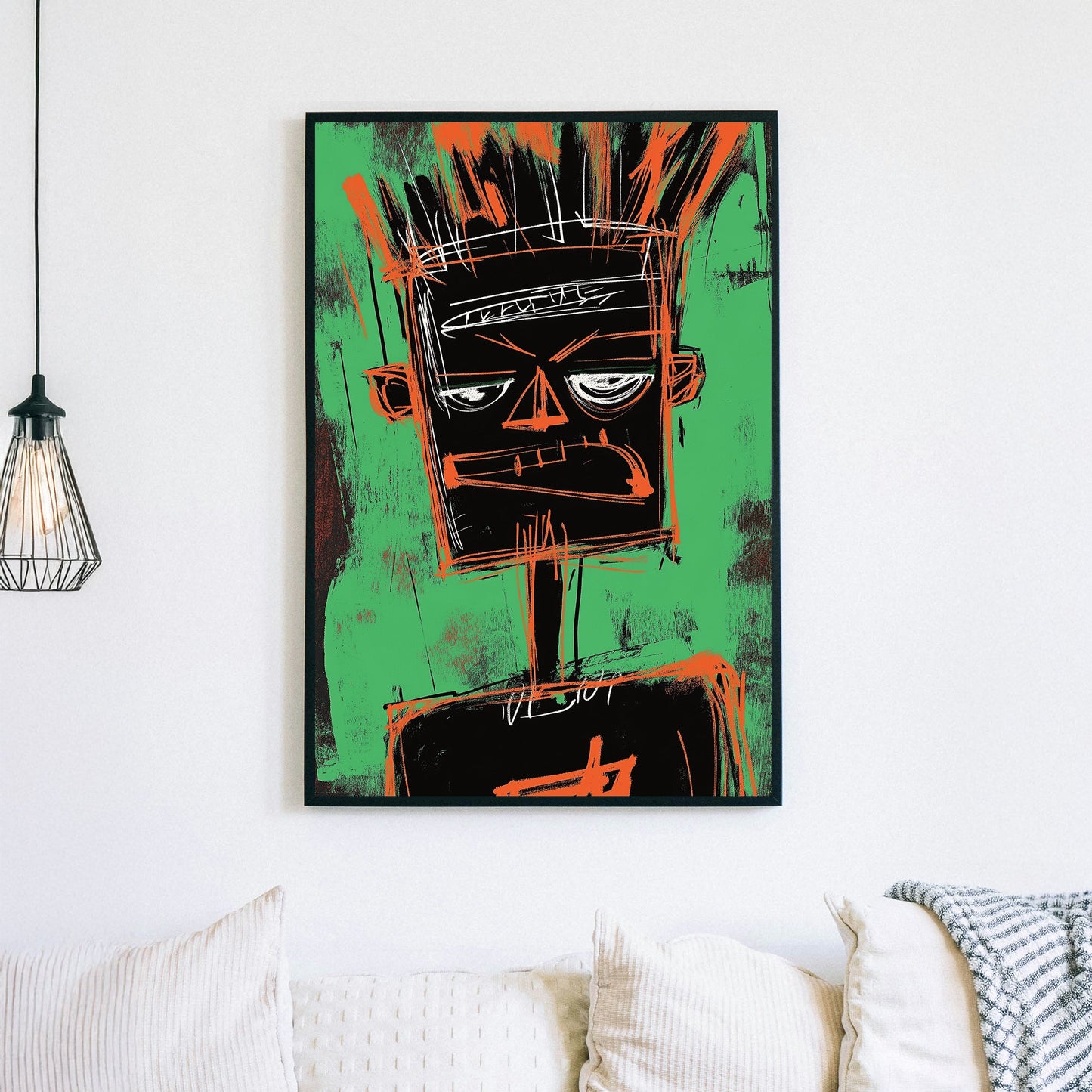Basquiat-inspired graffiti wall art portrait with bold sketch lines on green background