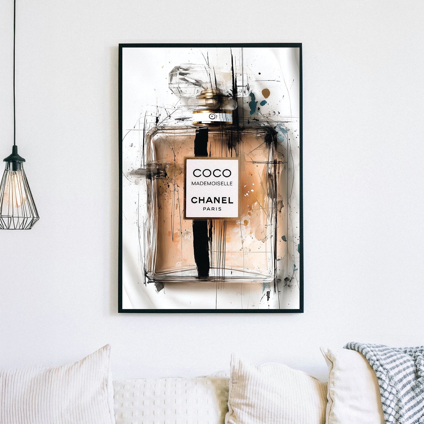 Coco Mademoiselle Chanel perfume bottle wall art with abstract ink sketch style