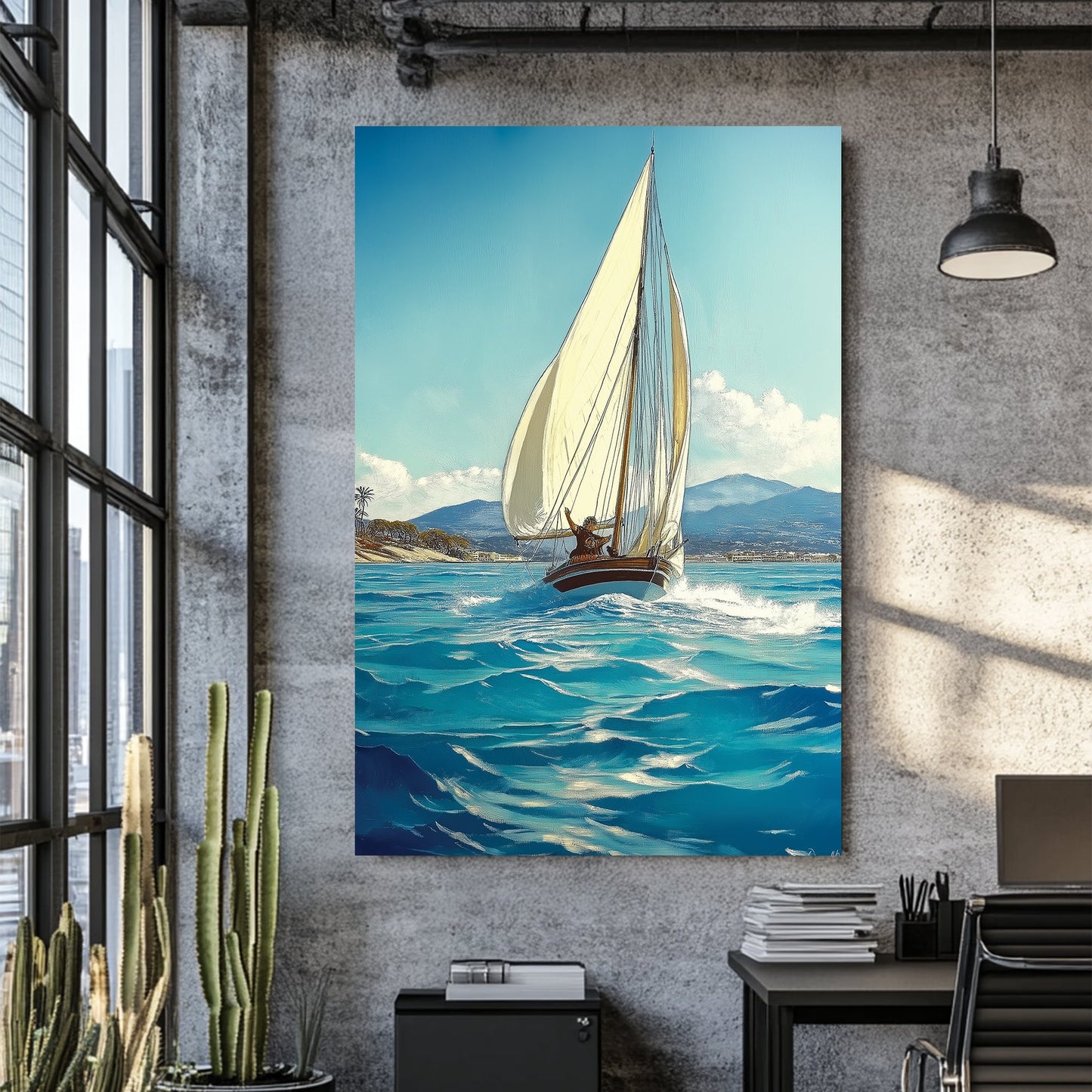 sailing boat wall art with ocean waves and coastal background