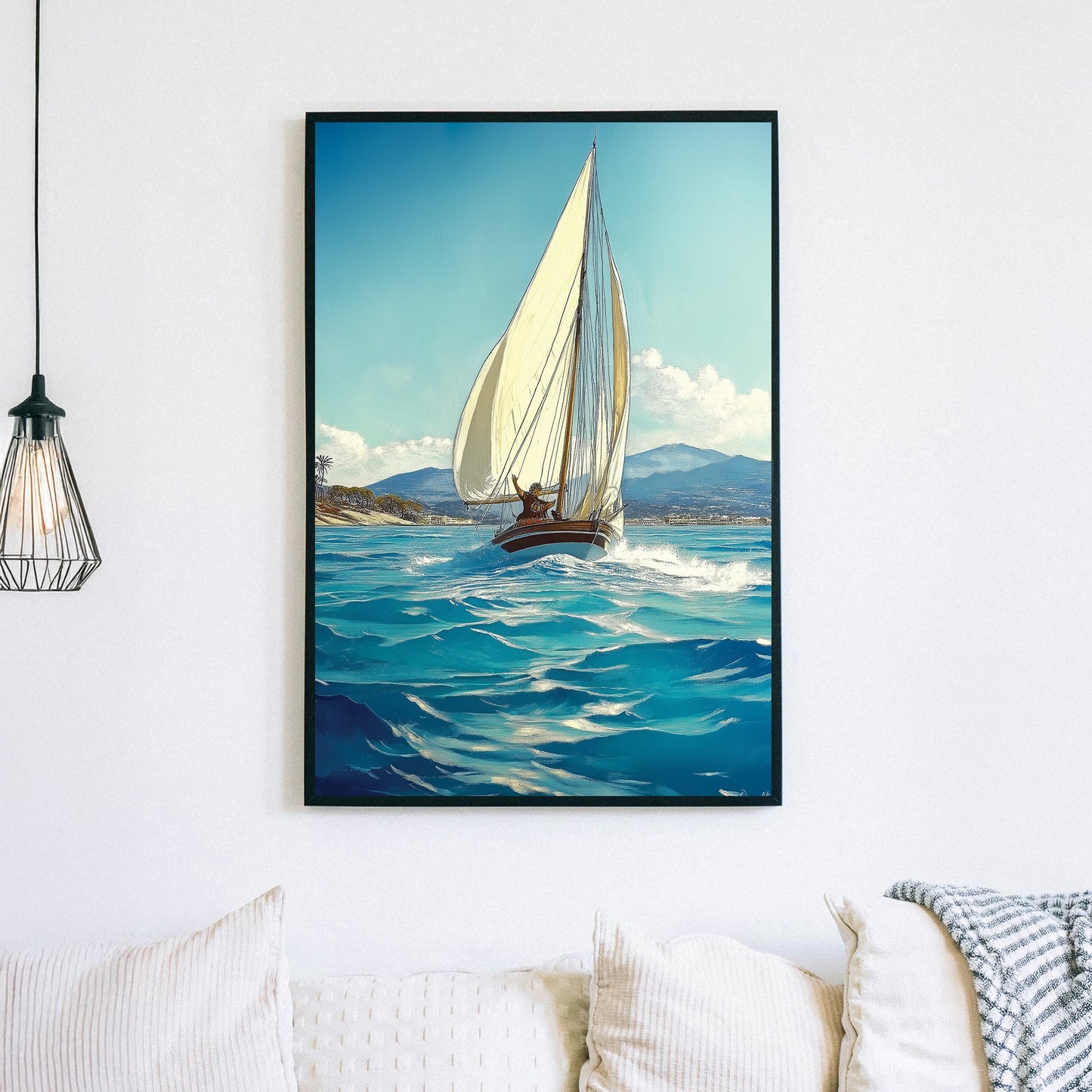 sailing boat wall art with ocean waves and coastal background