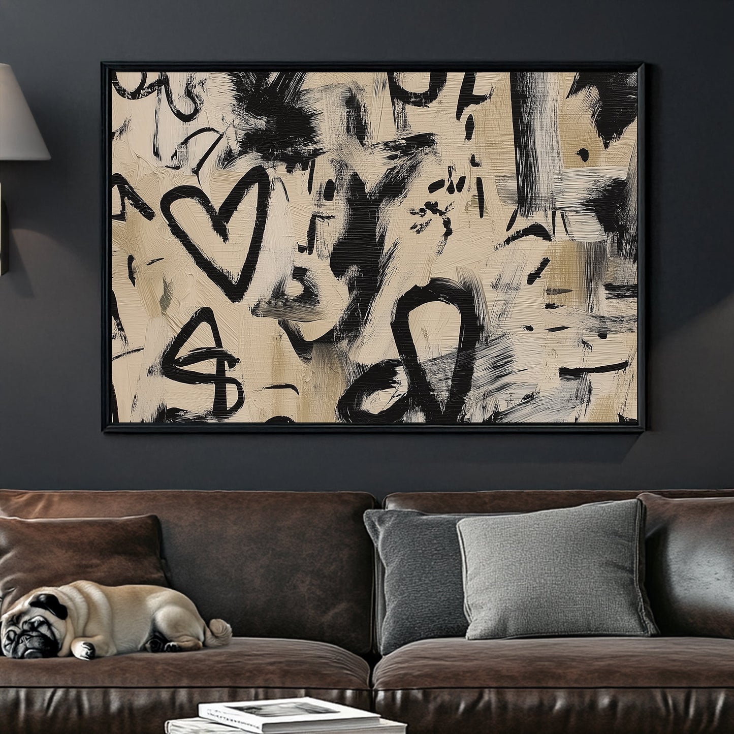 abstract love graffiti wall art with black brushstrokes on beige background