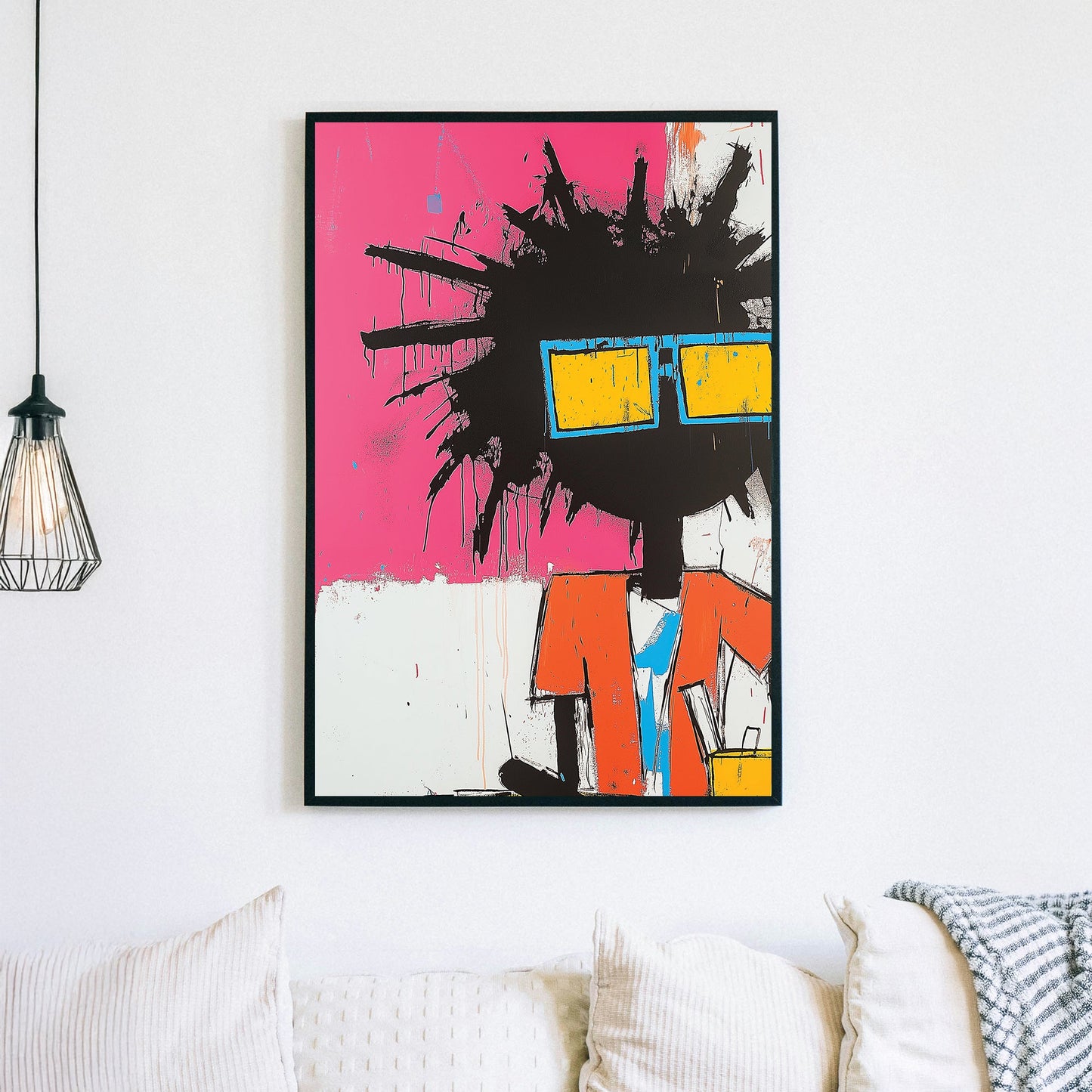 Basquiat-inspired neon graffiti wall art of suited figure with spiky hair and sunglasses