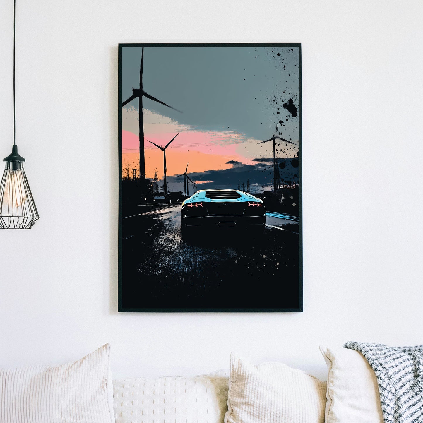 lamborghini supercar wall art with neon accents and wind turbines at dusk