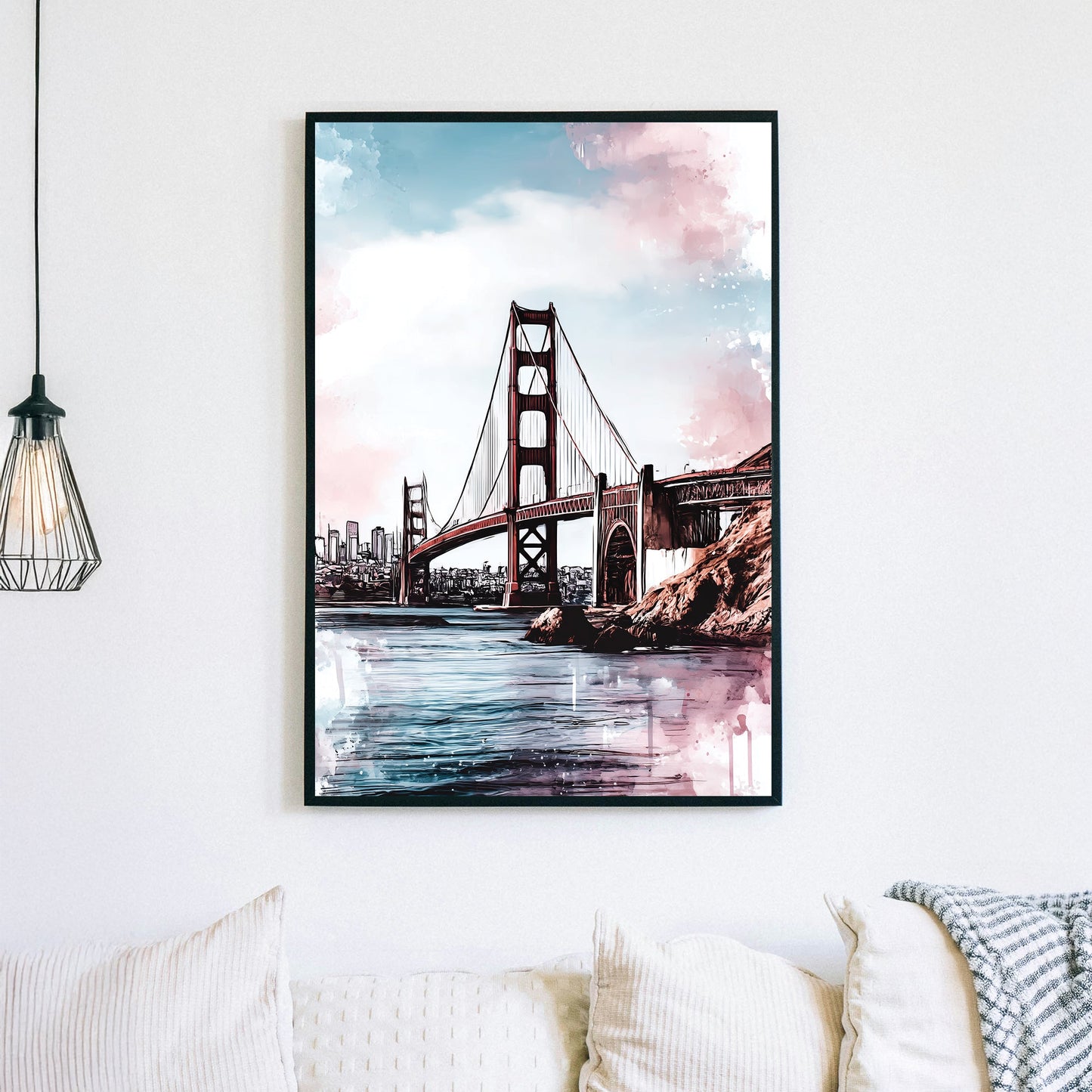 Golden Gate Bridge wall art with pastel skies and water reflections