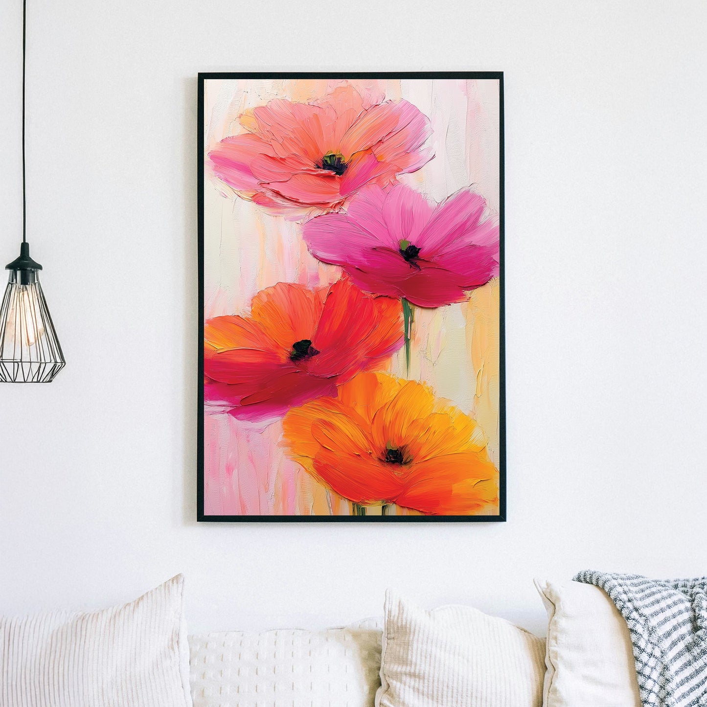vibrant floral wall art with bold pink and orange oil-painted flowers