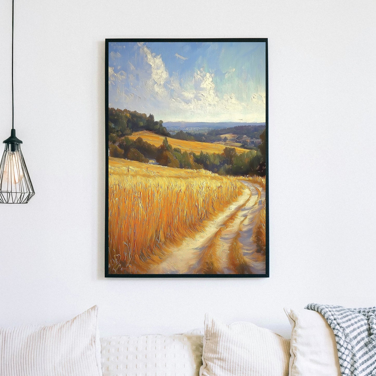serene countryside landscape wall art with golden wheat fields and winding path