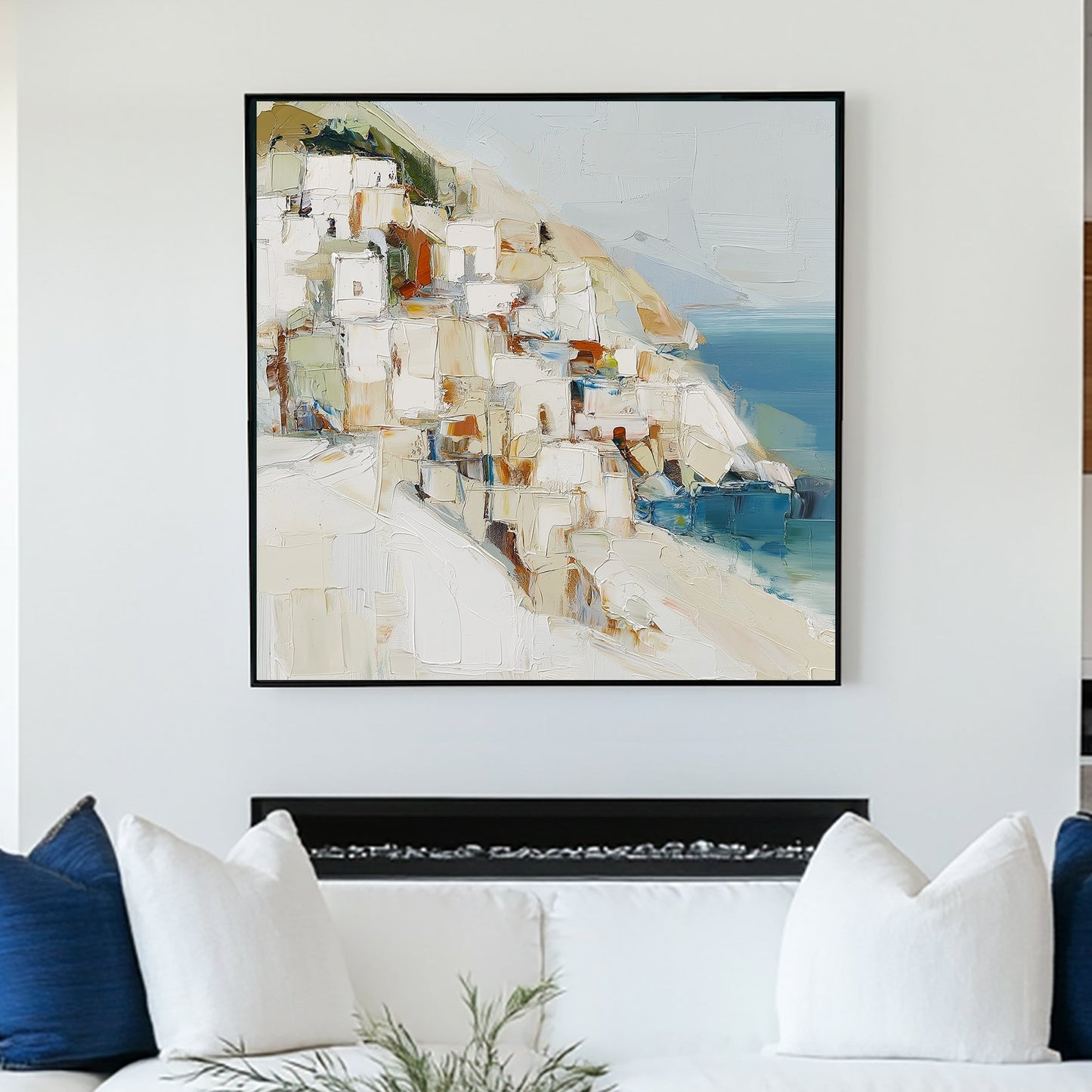abstract wall art of Mediterranean cliffside village by the sea