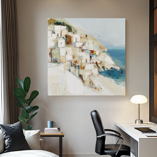 abstract wall art of Mediterranean cliffside village by the sea