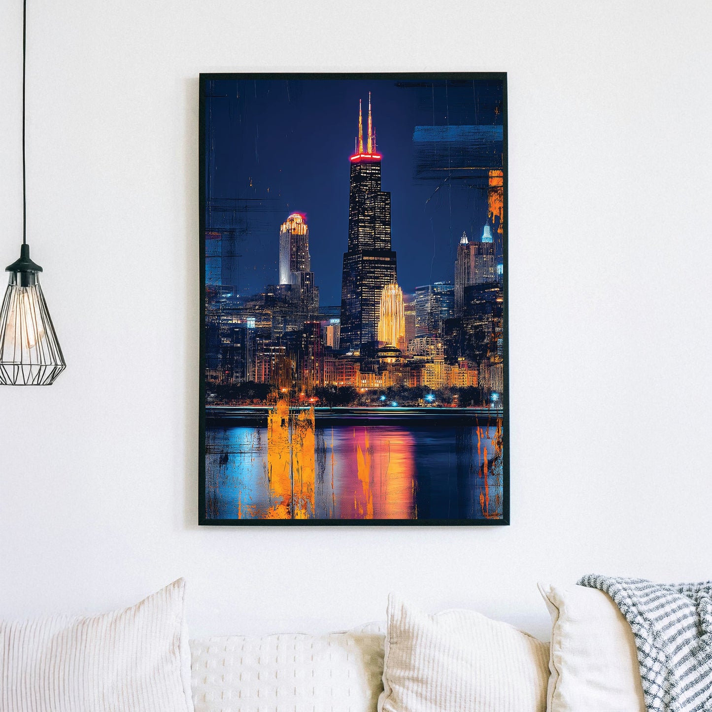 Chicago cityscape wall art featuring Willis Tower at night with neon reflections