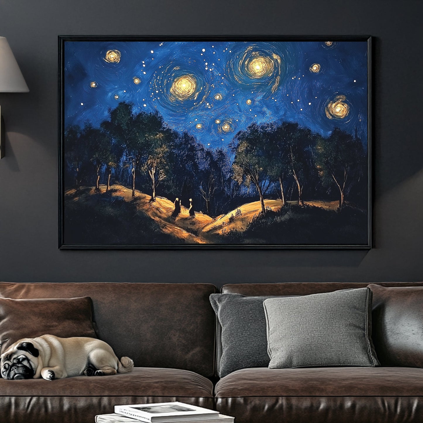 Starry night forest walk wall art with glowing skies and trees
