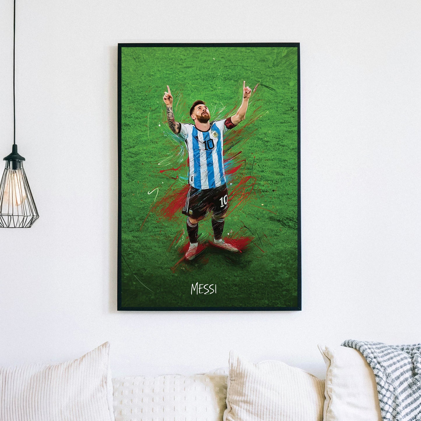 wall art of Lionel Messi celebrating on green field in Argentina jersey