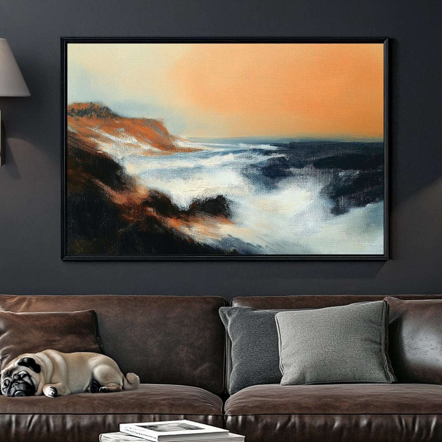 wall art of dramatic ocean waves crashing into rocky cliffs beneath a peach-orange sky