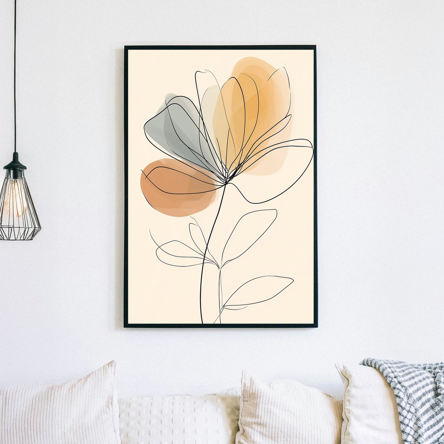 minimalist floral wall art with soft abstract grey and orange shapes