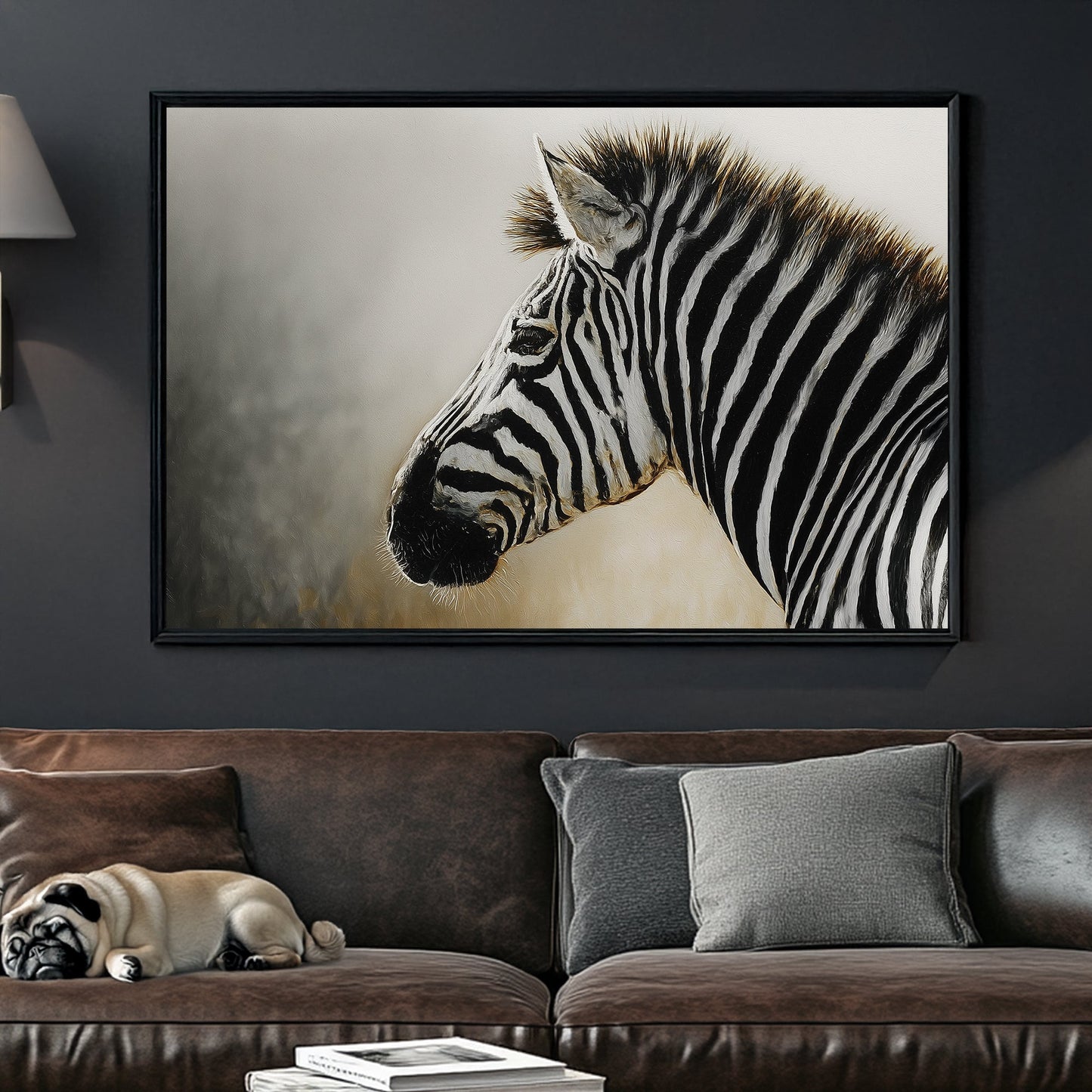 black and white zebra profile wall art with painted texture