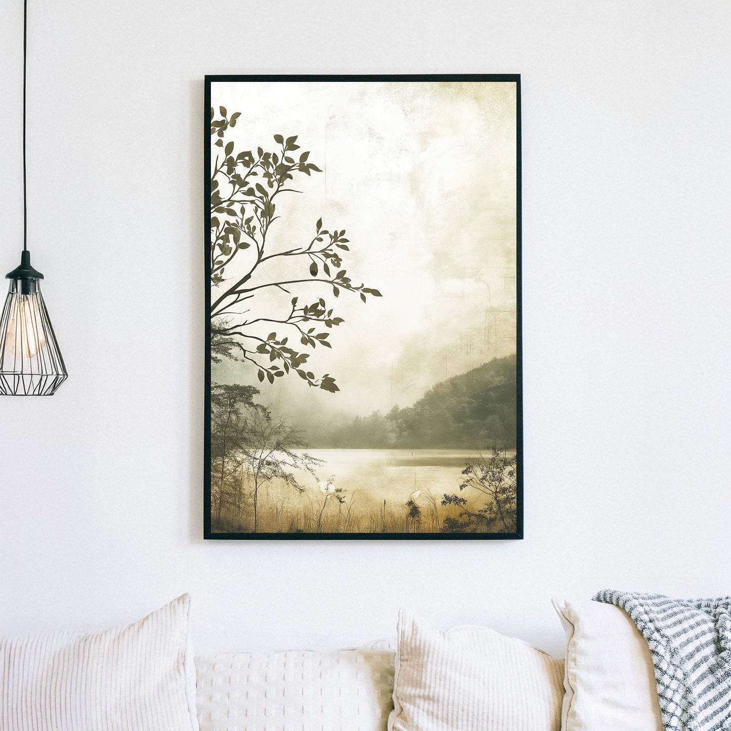 misty lakeside forest landscape wall art in sepia tones