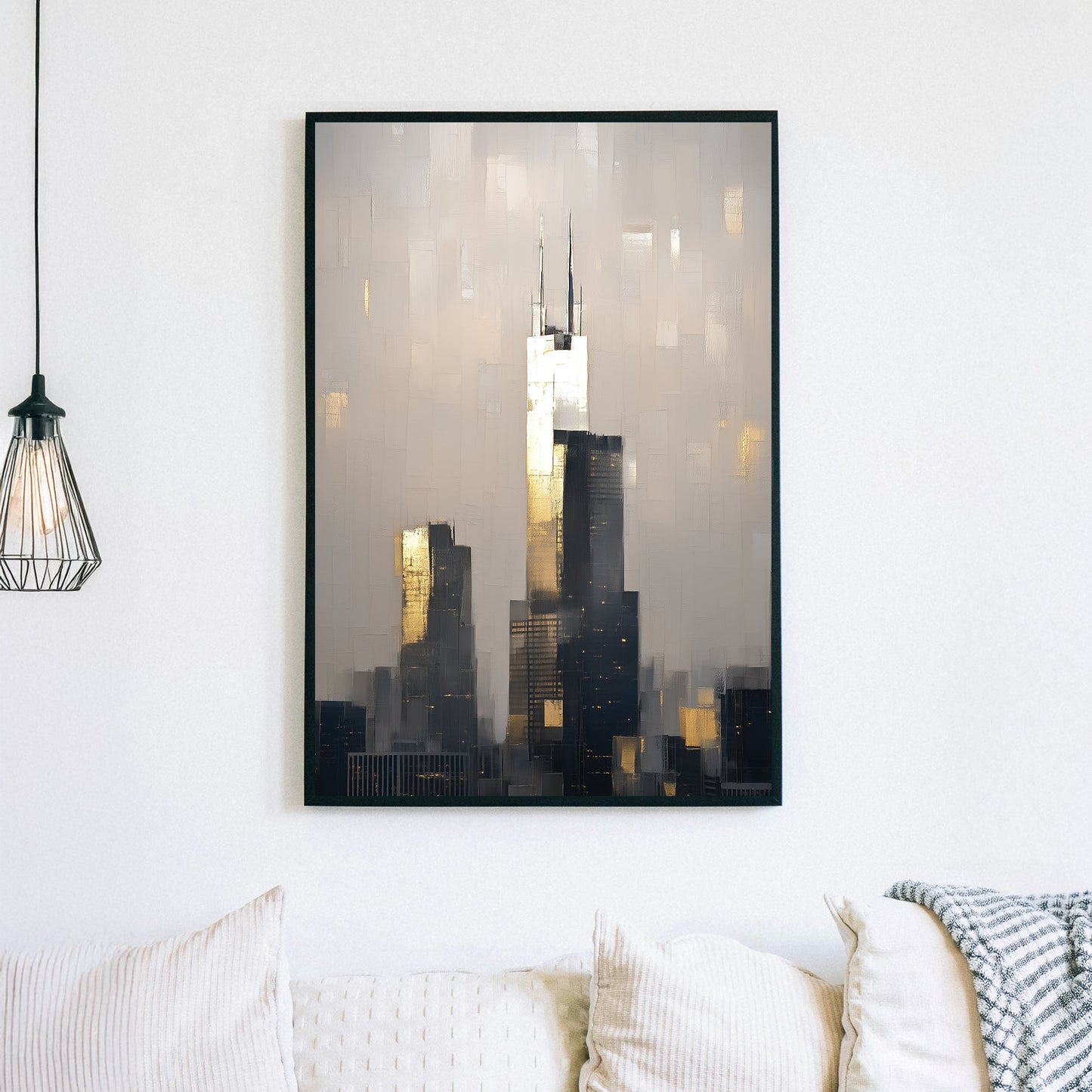 abstract chicago skyline wall art with willis tower at sunset