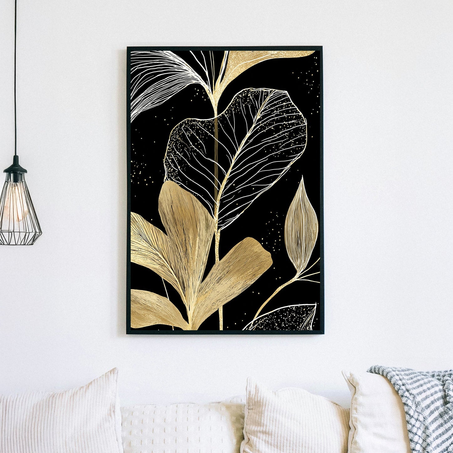 botanical gold leaf wall art on black background