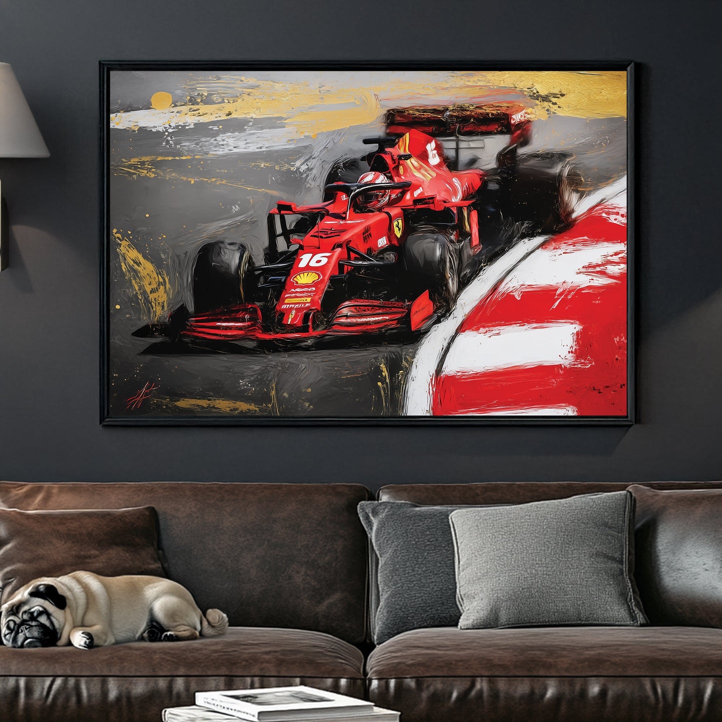 Charles Leclerc driving Ferrari Formula 1 car wall art