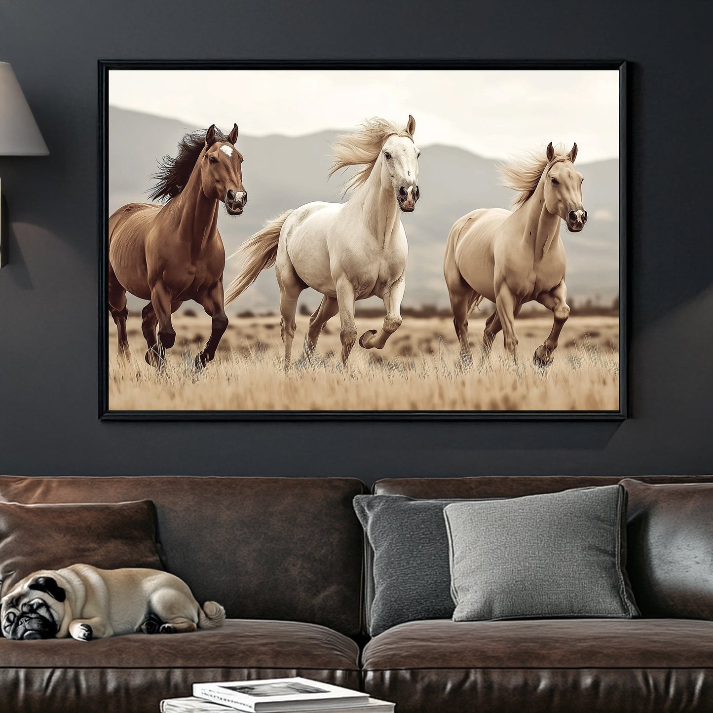 three running horses in open field wall art