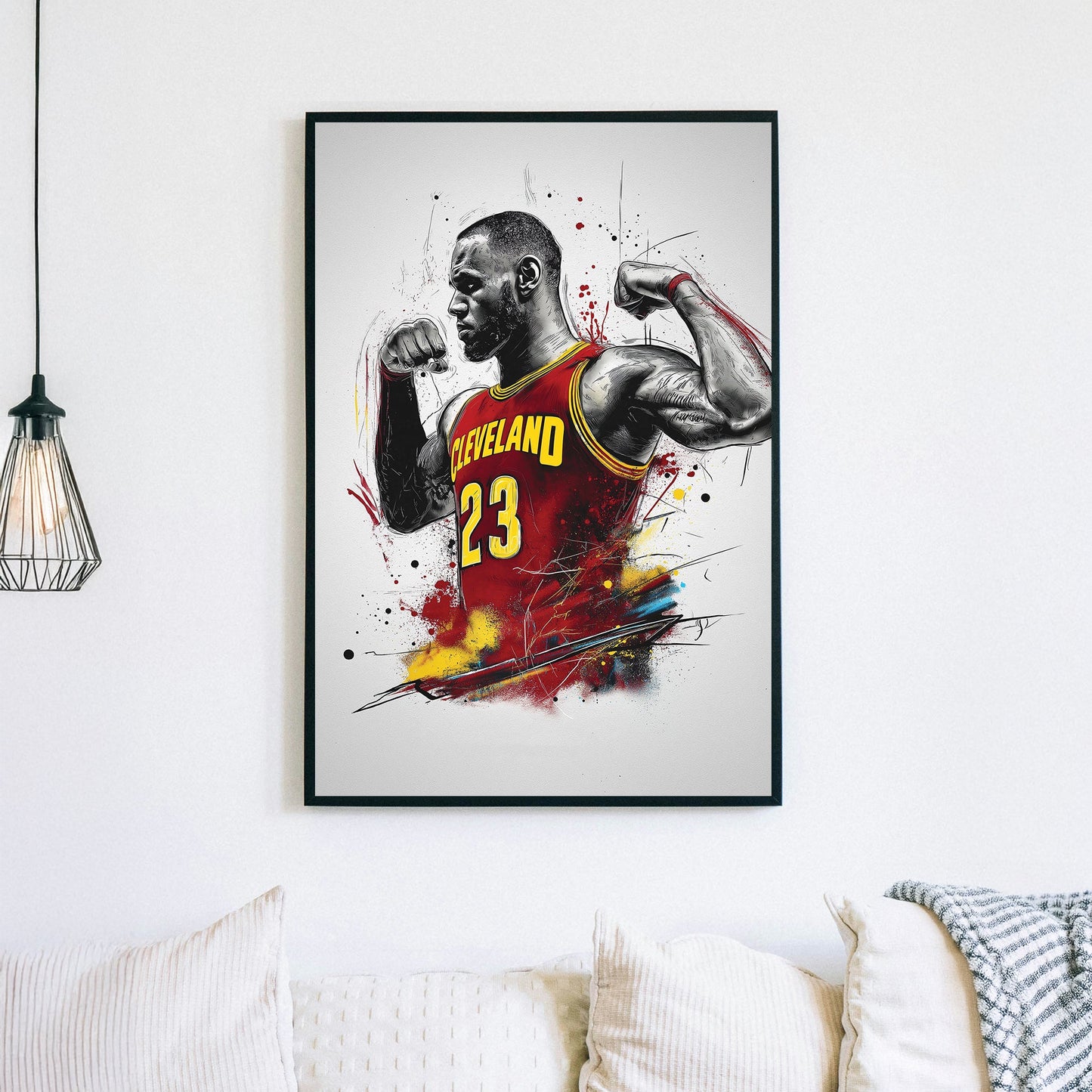 Cleveland basketball player flexing in explosive wall art