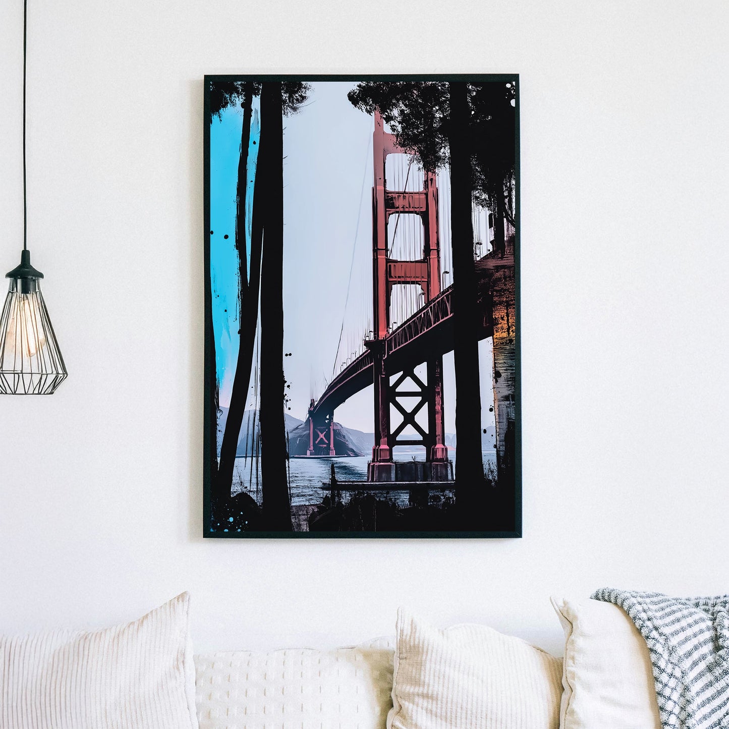 Abstract art of Golden Gate Bridge with blue and black paint strokes