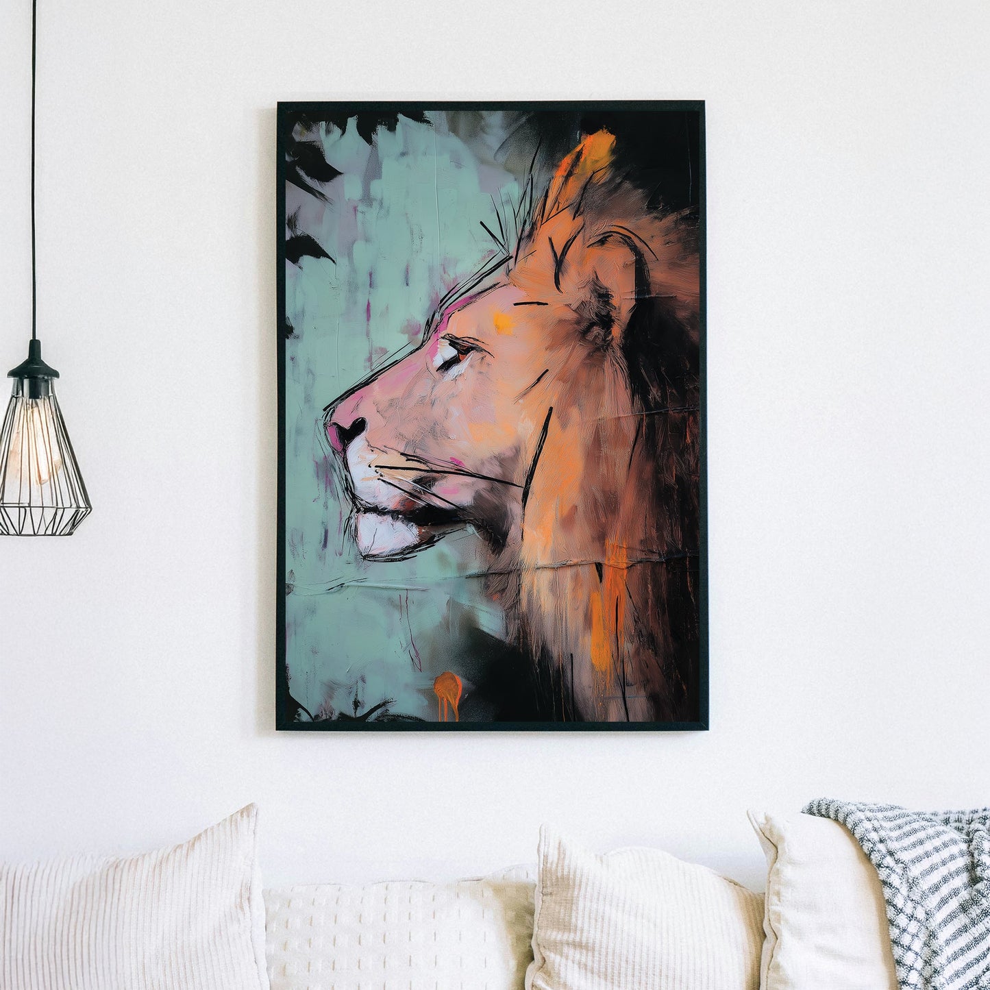 Expressive lion wall art in orange and teal tones