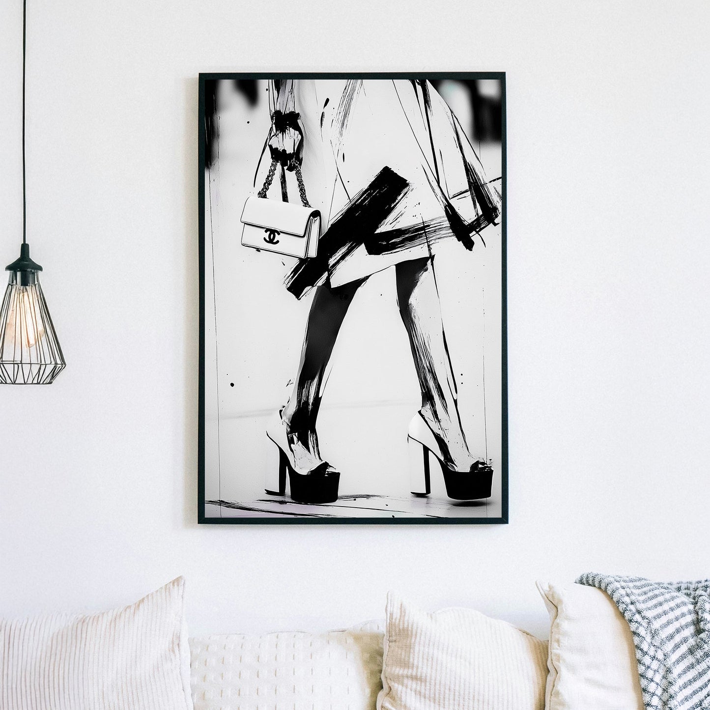 black and white fashion wall art with heels and Chanel purse in brushstroke style