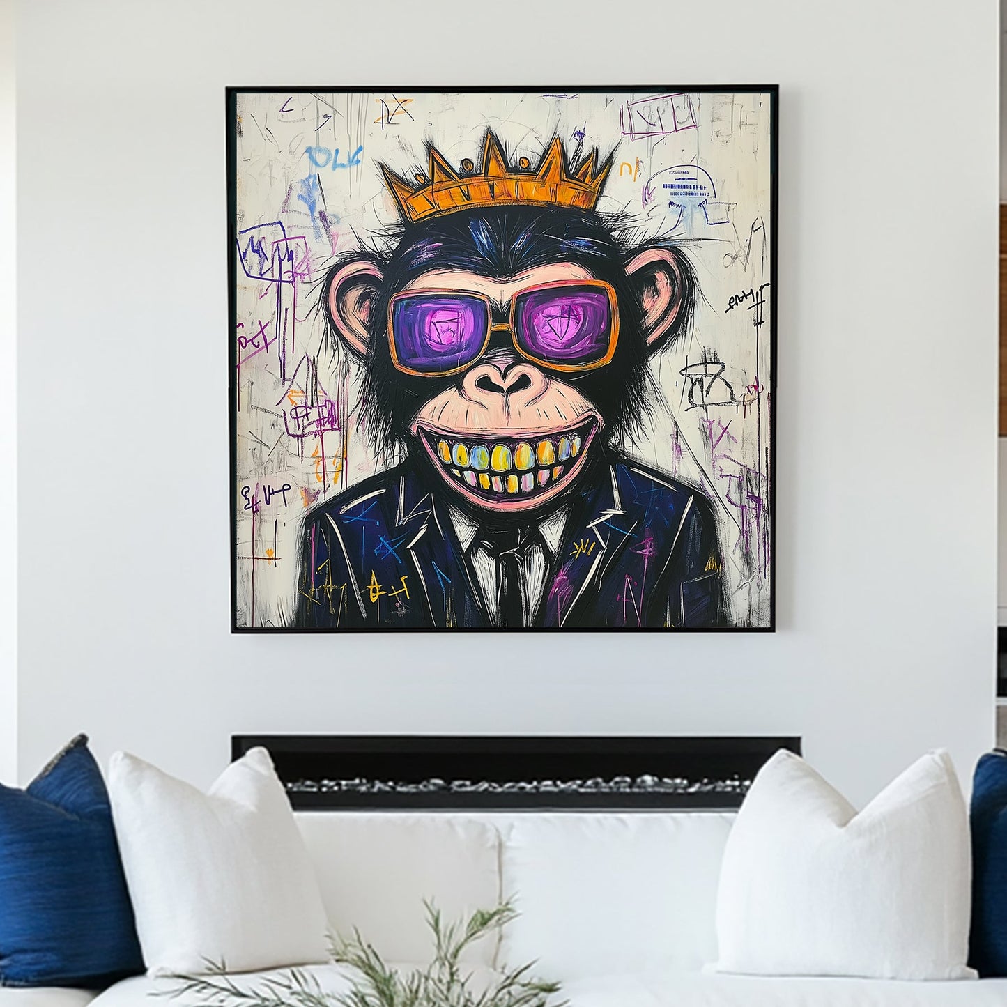 graffiti style monkey wall art with crown, sunglasses, and gold teeth