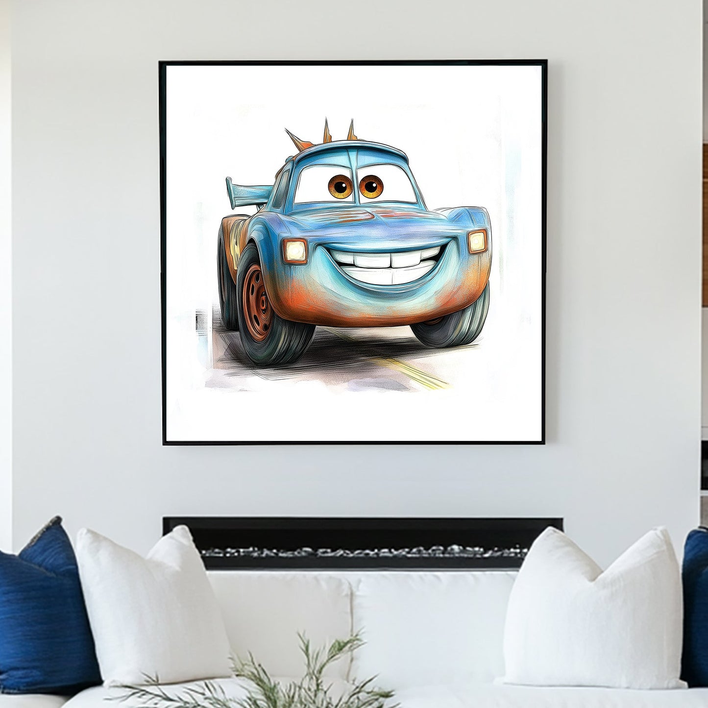 cartoon tow truck wall art with smiling face and expressive eyes