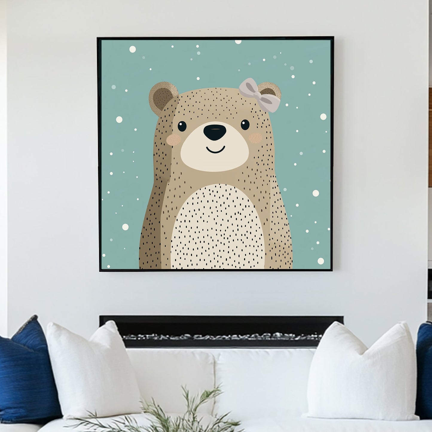 cute bear wall art with bow on teal snowy background