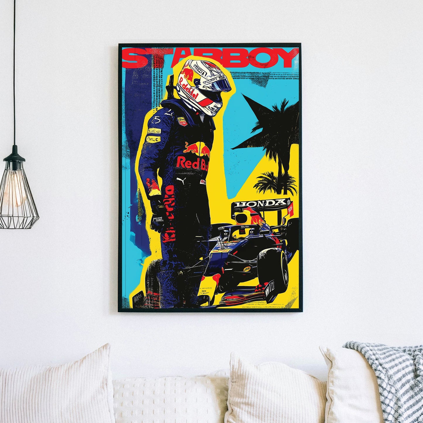 Max Verstappen pop art racing wall art with Red Bull car and bold comic-style colours