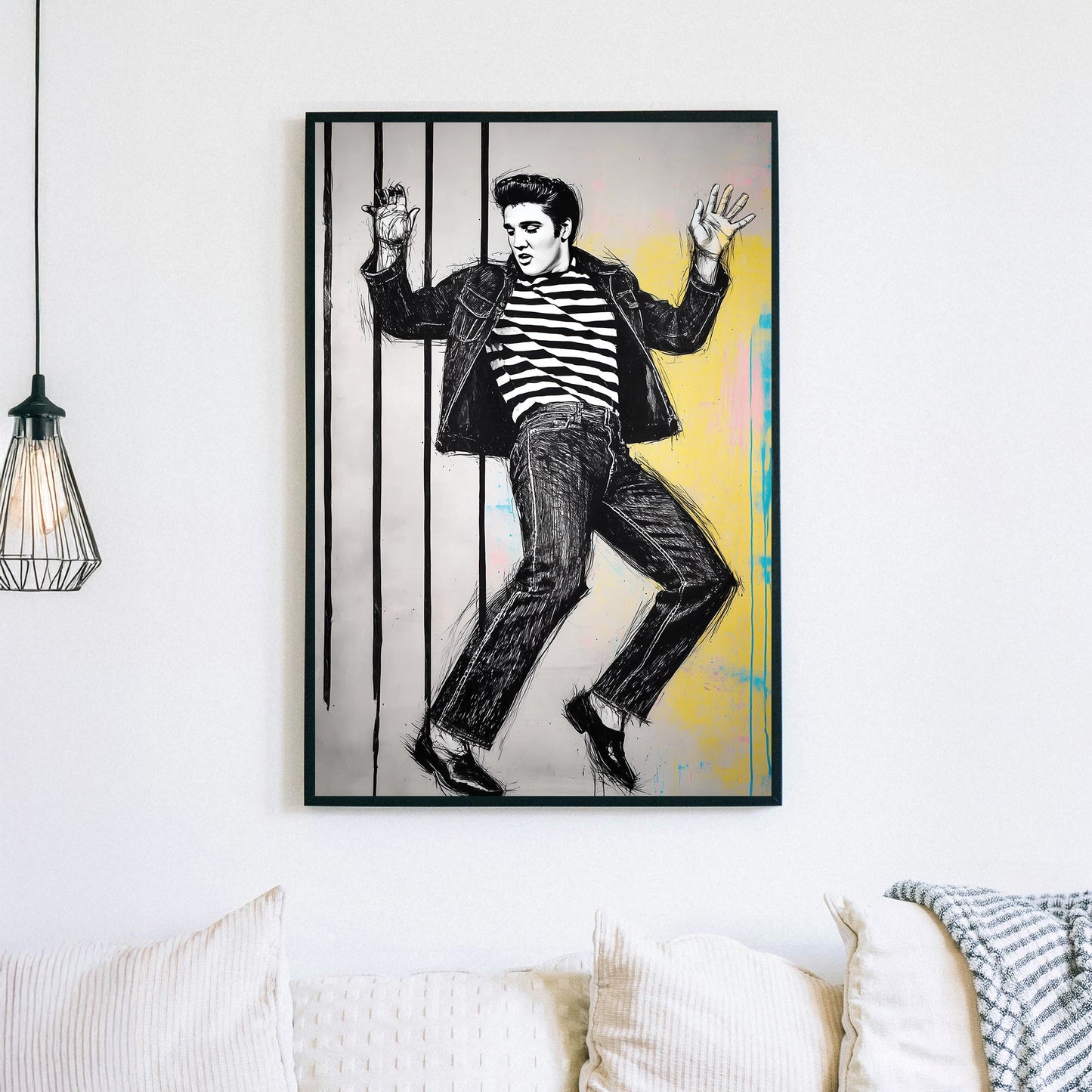 Elvis Presley black and white sketch wall art with striped shirt and bold yellow background