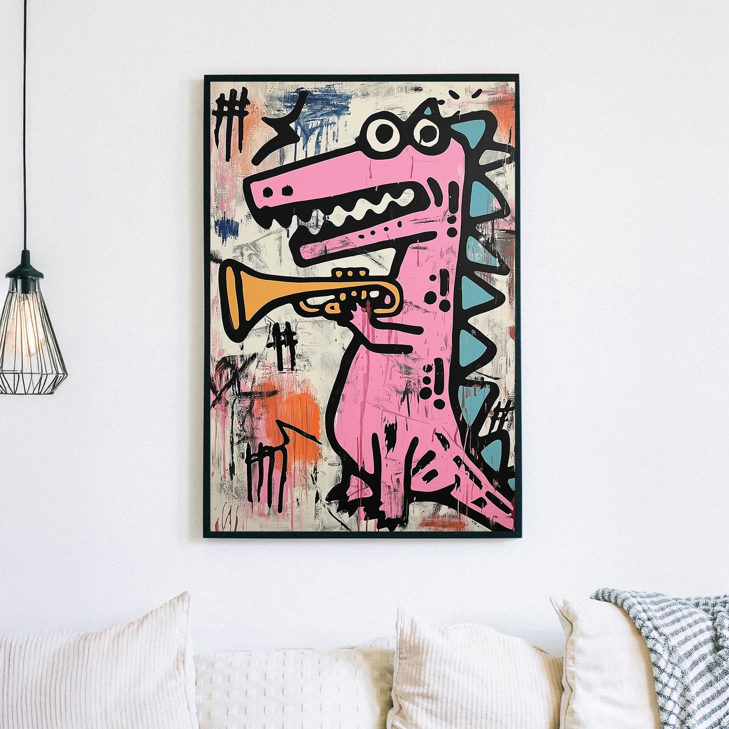 pink dinosaur graffiti trumpet wall art